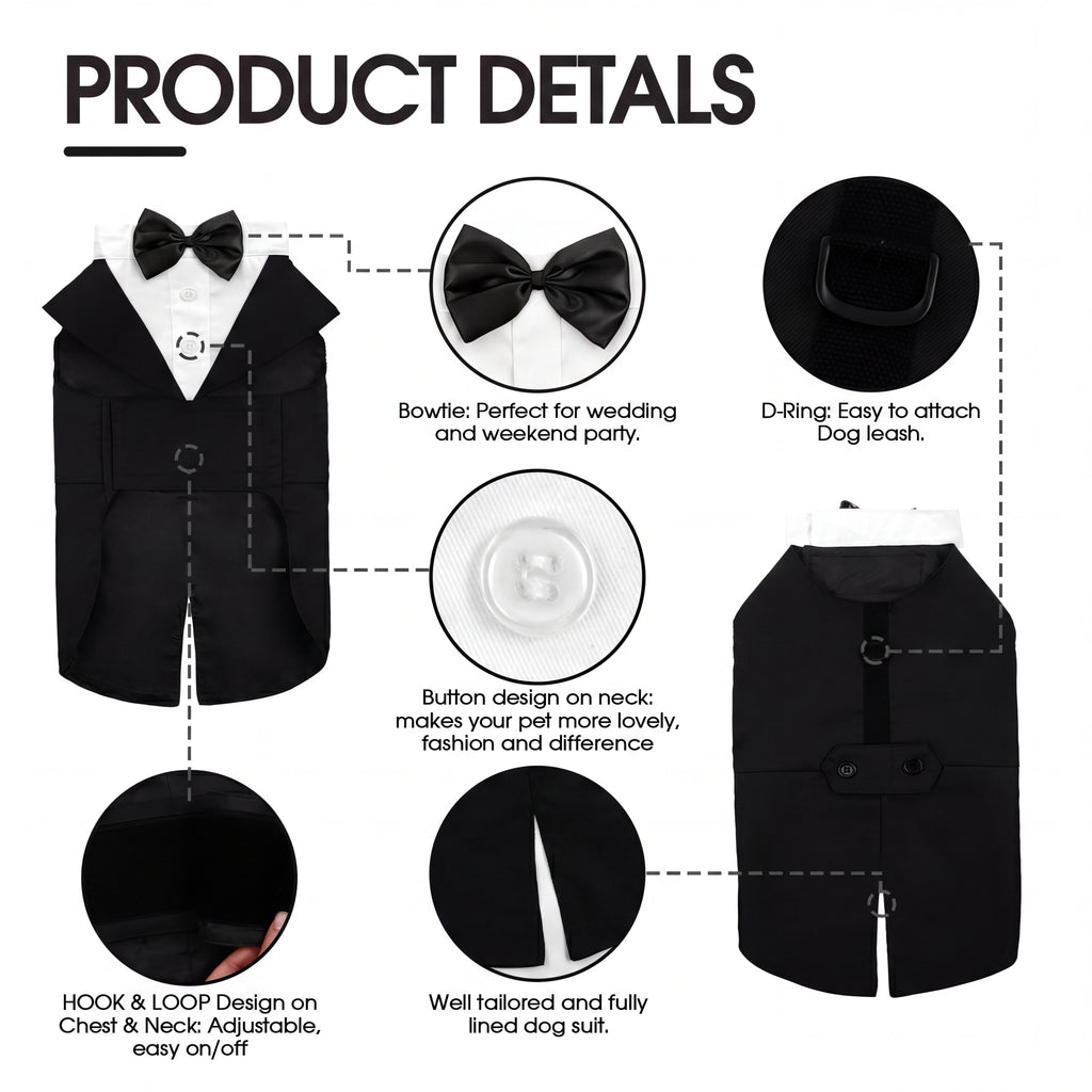 IDOMIK Dog Tuxedo Pet Wedding Party Suit and Bandana Set, Formal Clothes with Bow Tie