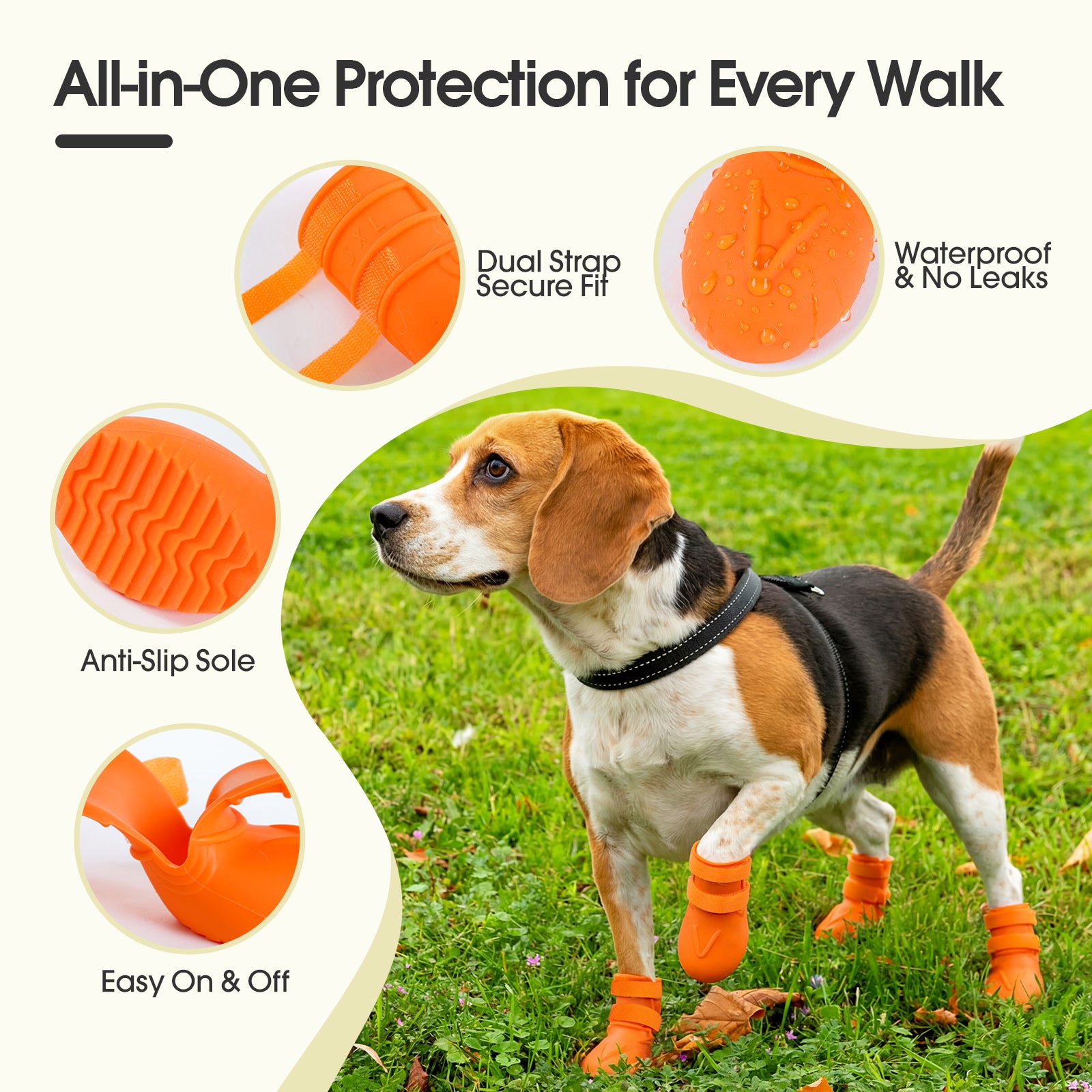IDOMIK Dog Rain Boots 4-Pack, Waterproof Silicone Paw Protectors, Anti-Slip Sole, Double Hook & Loop Straps