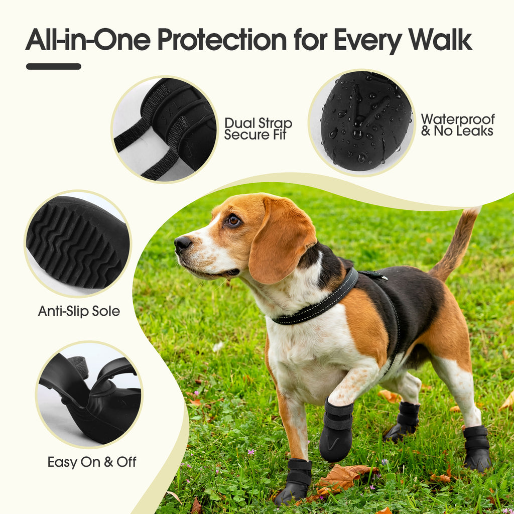 IDOMIK Dog Rain Boots 4-Pack, Waterproof Silicone Paw Protectors, Anti-Slip Sole, Double Hook & Loop Straps