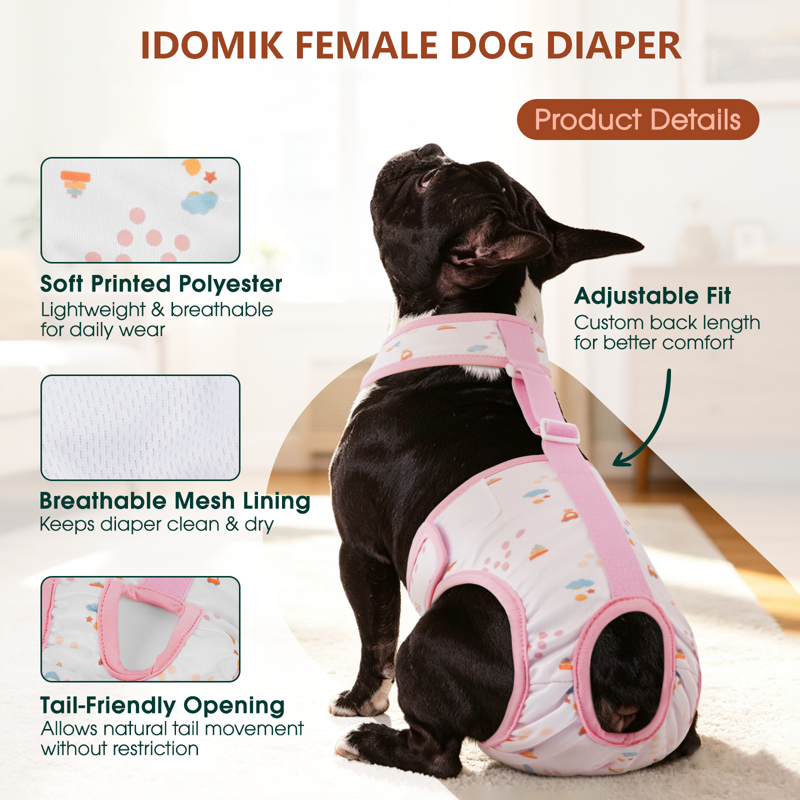 IDOMIK Reusable Dog Diaper, Breathable Diaper with Anti-Slip Suspenders for Female Dogs, Adjustable Menstrual Belt for Puppy, Pink,