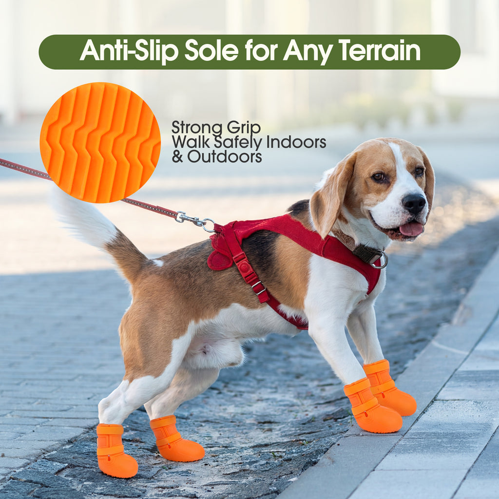 IDOMIK Dog Rain Boots 4-Pack, Waterproof Silicone Paw Protectors, Anti-Slip Sole, Double Hook & Loop Straps
